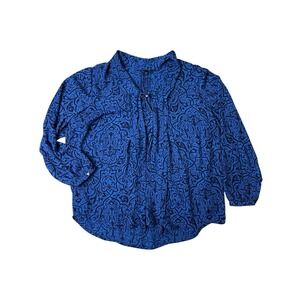 Lands End Women's Tunic Top Blouse Button Up Navy Blue Black Tie Collar Sz 24W